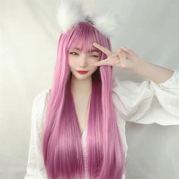2/$30 NEW Long Straight Pink Wig with Bangs Role CosPlay Dress Up Halloween - Picture 3 of 5